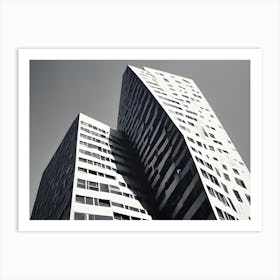 Black And White Photo Of A Modern Skyscraper With A Unique, Angular Design, Emphasizing Its Architectural Lines And Shapes Art Print