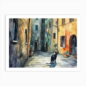 Black Cat In Pisa, Italy, Street Art Watercolour Painting 1 Art Print