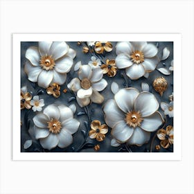 Majestic 3d Artwork Design, White and Blue Tones, Golden Jewelry, Floral Motifs Art Print