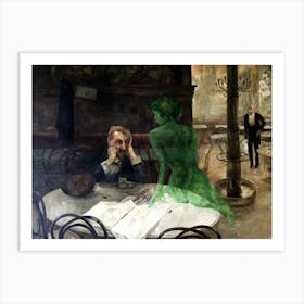 The Absinthe Drinker by Viktor Olivia 1901 - Parisian Cafe Vintage Victorian Famous Green Fairy Witch Sat by Man Drinking - Trippy Witchy Psychedelic Visions Funny Remastered High Definition Immaculate Art Print