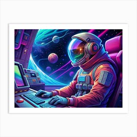 Astronaut Working At A Computer In Space Art Print