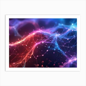 Abstract Background With Vibrant, Flowing Lines Of Interconnected Particles And Dots In Blue, Red, And Orange Hues, Suggesting Data Or Energy Flow Art Print