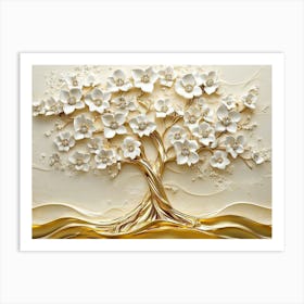 3D Tree Of Pearls. 3d Golden Tree Of Life With White Flowers Art Print