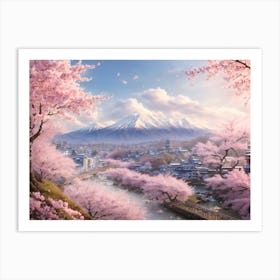 Sakura Serenity: A Pastel Dream of Cherry Blossoms and Snowy Peaks Art Print