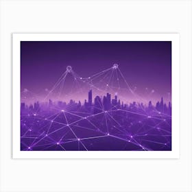 Abstract Cityscape Silhouette With Purple Glowing Mesh Network Overlay, Representing Connectivity Art Print