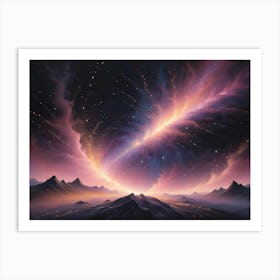 Surreal Landscape With Towering Mountains And A Bright, Swirling Energy Vortex In The Sky, Set Against A Backdrop Of Stars Art Print