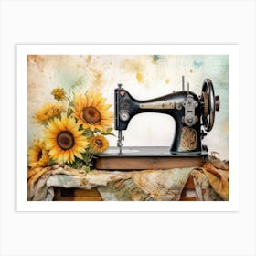 Vintage black sewing machine with sunflowers Art Print