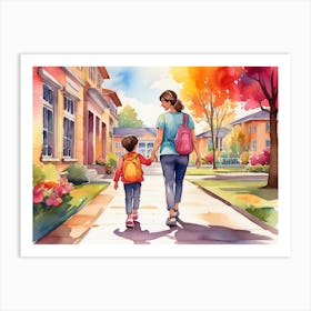 Watercolor Of A Mother And Son Walking Art Print