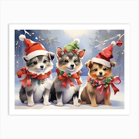 Three Dogs In Christmas Hats Art Print