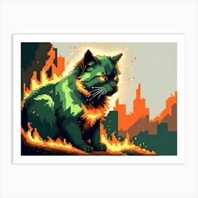 Pixel Art Illustration Of A Green Cat Engulfed In Flames Against A Pixelated Cityscape Background Art Print