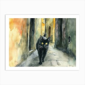 Black Cat In Turin, Italy, Street Art Watercolour Painting 2 Art Print