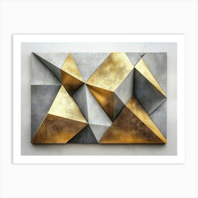 3d Geometric Triangles in Gold and Gray Design Art Print