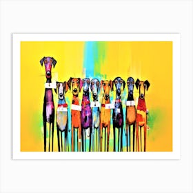 Me And The Dog Gang - 9 Dogs On A Yellow Background Art Print