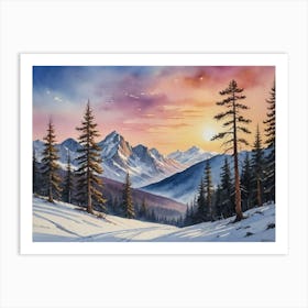 A Tranquil Winter Wonderland Sunset In The Mountains Art Print