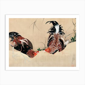 Hokusai Rooster Fight Art Print