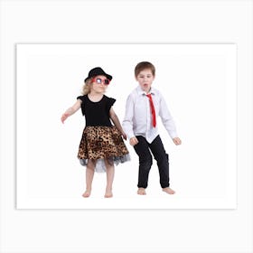 Two Children Dancing On White Background Art Print