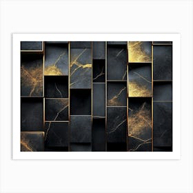 This 3d Minimalist Features Golden Lines on a Black Marble Background Art Print