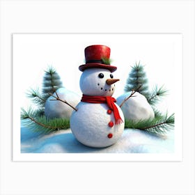 Smiling Snowman With Red Hat And Scarf On A Snowy Background Art Print