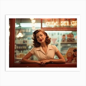 Vintage Style Photo Of A Young Woman Leaning Gracefully Against The Windowpane Of A Quaint Retro Sho Art Print