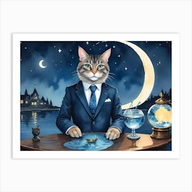 An Anthropomorphic Cat In A Suit Stands Behind A Table With A Miniature Paper Boat Floating In Spilled Water 1 Art Print