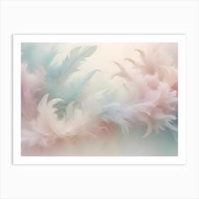 A Soft, Ethereal Background Of Overlapping Feathers In Shades Of Pink, White, And Peach Against A Light Blue Backdrop Art Print