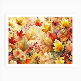 Watercolor Autumn Leaves Background With Flowers Art Print