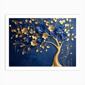 Elegant Gold And Royal Blue Floral Tree With Seamless Leaves Art Print