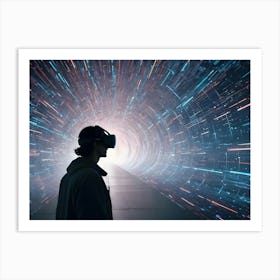 Silhouette Of A Person Wearing Vr Headset Standing In A Tunnel Of Digital Light Streaks Art Print