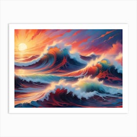 Vibrant, Colorful Waves In Shades Of Red, Orange, Blue, And Green Crashing In The Ocean Beneath A Dramatic Sunset Sky Art Print