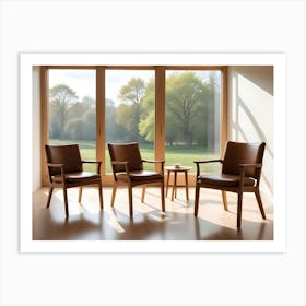 Photo Of Three Leather Chairs Arranged Around A Small Table In A Modern Living Room Art Print