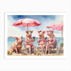 Pink Umbrellas and Piggy Pleasures Drinking Wine and Having Fun With Friends On The Beach Art Print