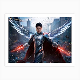 Cyborg Superhero Clad In Armor Steel Wings Unfurled And Scarred From Battles Amidst A Chaotic City Art Print