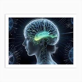 Side Profile Of A Female Head With A Transparent, Glowing Brain Showing Neural Activity And Surrounding Neurons Art Print