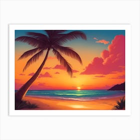 A Tranquil Beach At Sunset Horizontal Illustration 48 Art Print