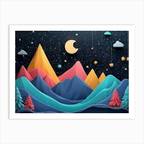 3d Modern Artwork Night Landscape, Colorful Mountains, Trees, Dark Black Background with Stars and Moon Art Print