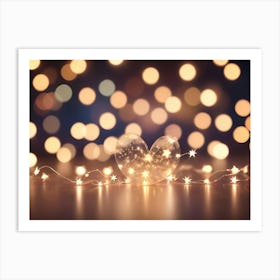 An Abstract Image Of A Glass Heart With Stars Inside, Surrounded By A String Of Lights On A Dark Background Art Print