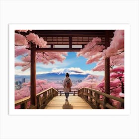 Girl Walking Through Cherry Blossoms Art Print