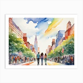 Watercolor Of A Manhattan Street Decked Out In Rainbow Hues For Pride Silhouettes Of A Joyous Gay C Art Print