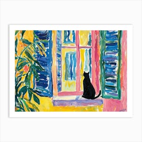 Black Cat Open Window Matisse Style Landscape Art Print