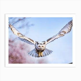 White Owl With A Gentle Expression And Peaceful Smile Spreading Its Wings Along Its Sides Perched Art Print