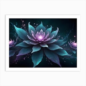 A Digital Illustration Of Three Glowing Teal And Purple Flowers Art Print