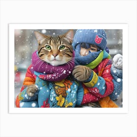 Cat And Girl In The Snow Art Print