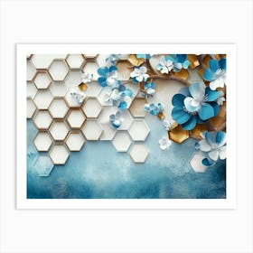 Blue Flowers And Hexagons Art Print