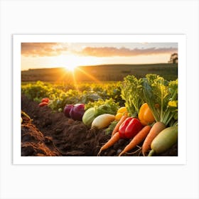 A Variety Of Fresh Vibrant Vegetables Sprouting From Rustic Soil Bathed In The Golden Hour Sunligh (1) Art Print