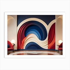 A Modern Interior Design With Two Red Armchairs Placed In Front Of A Wall With A 3d, Abstract Art Piece Art Print