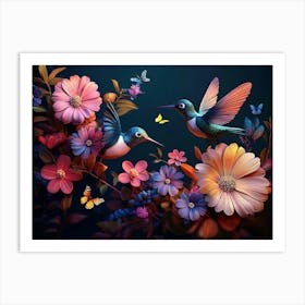 Beautiful Summer Blooms, Butterflies and Hummingbirds In 3d Background of Dark Vibrant Colors Art Print