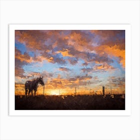 Lonely Horse At Sunset Oil Painting Landscape Art Print