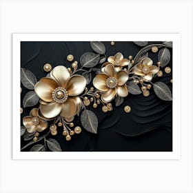 Gold Flowers On Black Background 9 Art Print