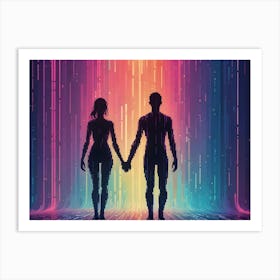 Silhouette Of A Couple Holding Hands Walking Into A Glowing Digital Portal Art Print