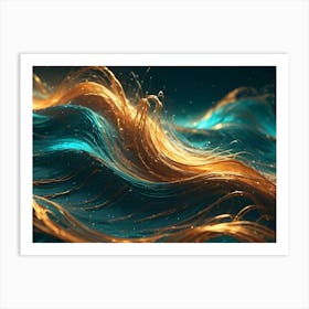 Abstract Wave Pattern Formed By Golden Strands Against A Teal Blue Background Art Print